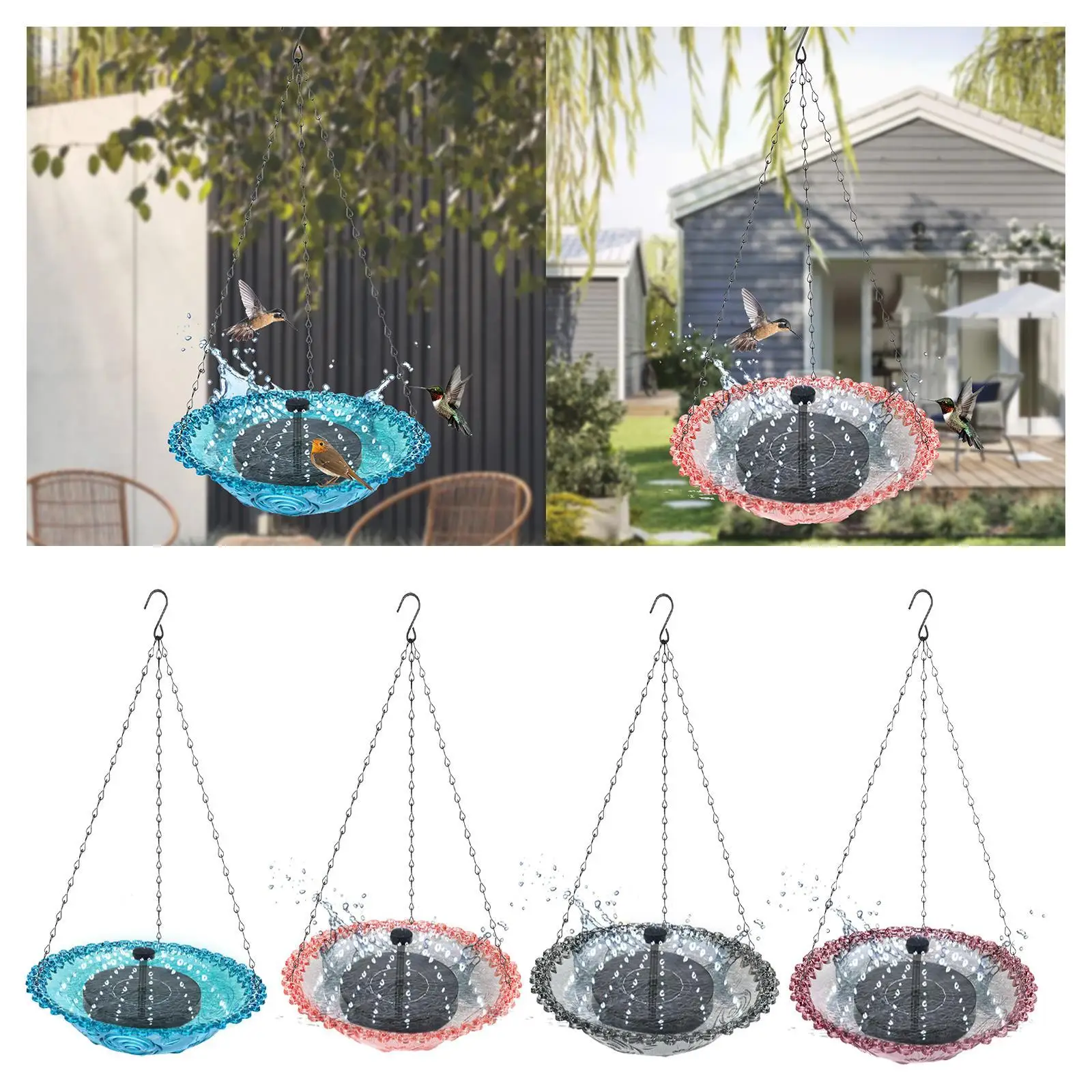 Hanging Bird Bath with 5 Nozzles with Fountain Pump for Outside Patio Lawn