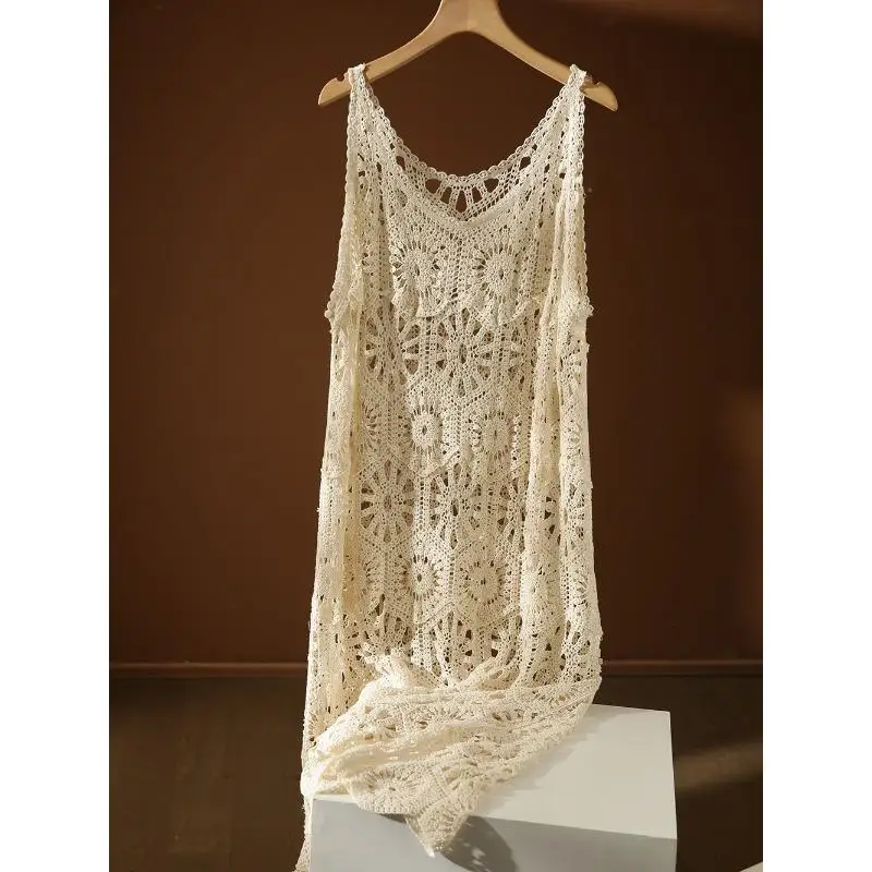 Robe longue en dentelle tricotée pour femmes, gilet ajouré, Sexy, col rond, Style d'été, hauts t-shirts amples, basique, noir, nouvelle collection 2024