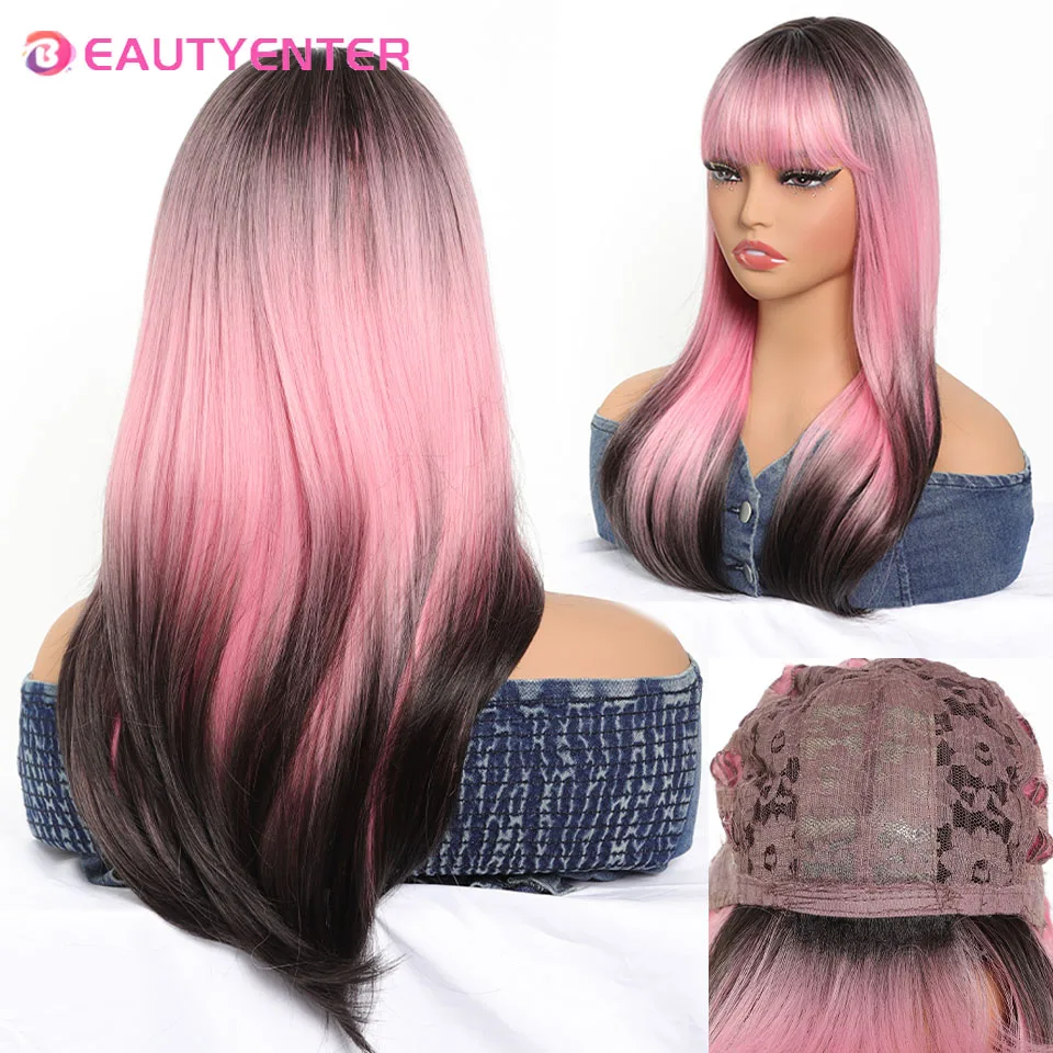 

BEAUTYENTER Long black red pink gradient straight synthetic wig paired with black role-playing layered wig suitable for women's