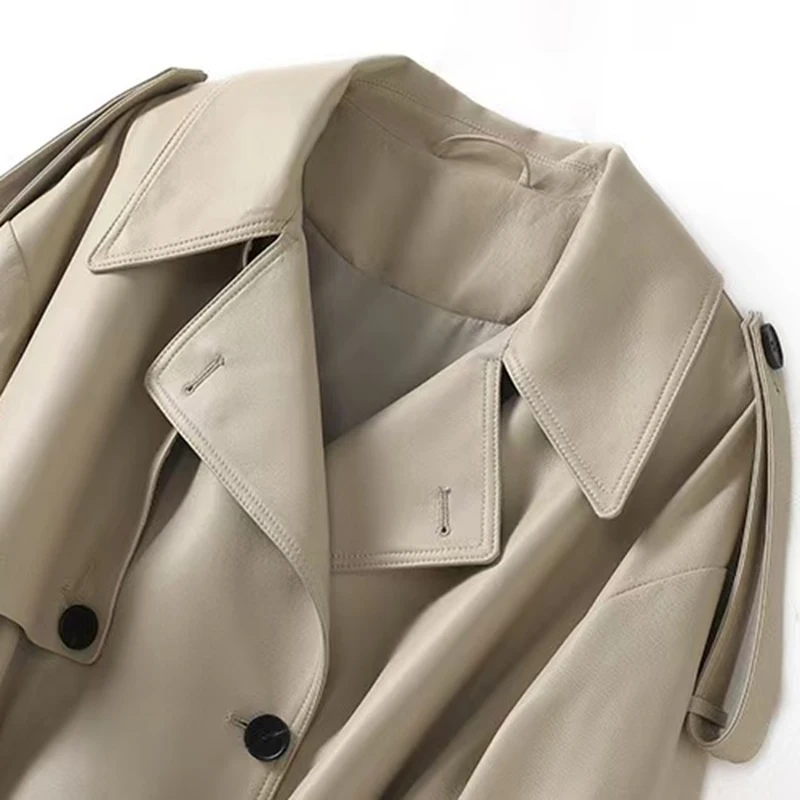 Giacca da donna in vera pelle Autunno Inverno Stile coreano Vestibilità ampia Pelle di pecora Cintura doppiopetto Trench casual di media lunghezza