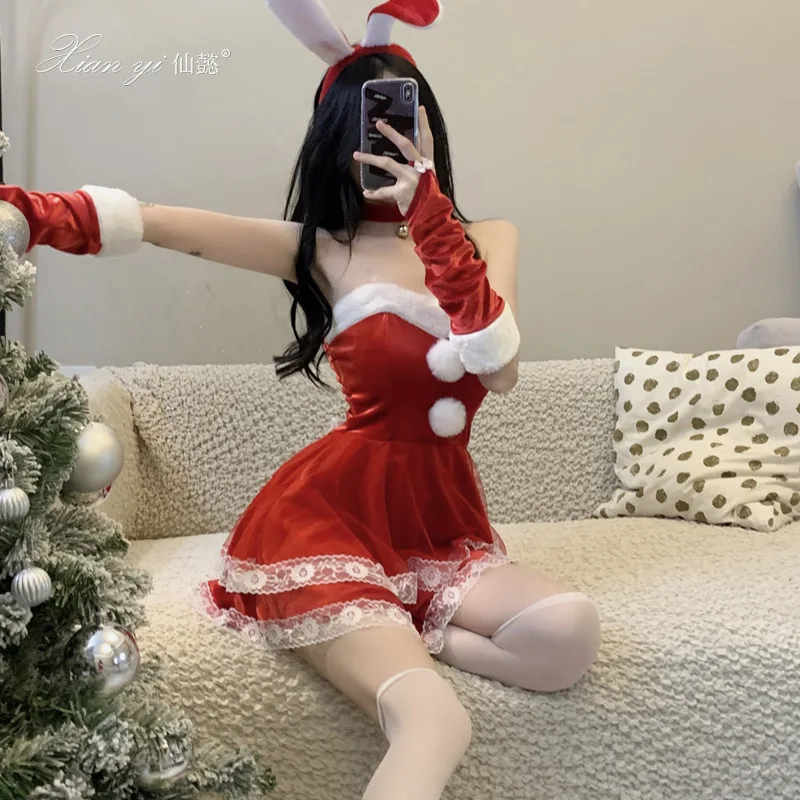 女性用ドレス クリスマスコスチューム プラッシュレーストリム ストラップレス バニーガール パフォーマンス衣装 コスプレ制服セット クリスマスドレス