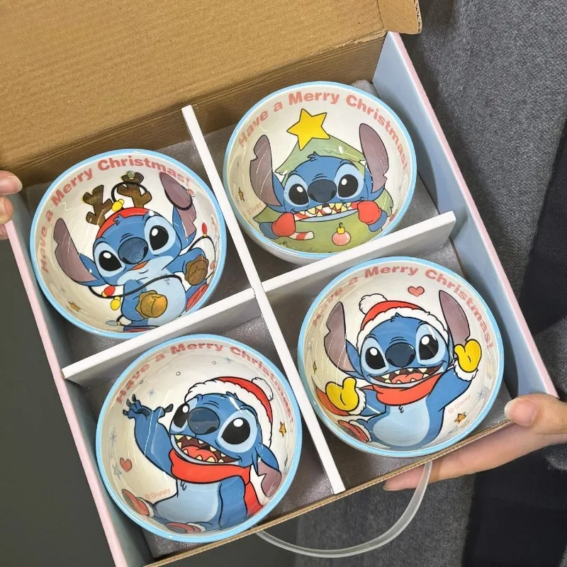 

Disney Stitch Bowl Cartoon Cute Figure Christmas Series Ceramic Home Tableware Children Rice Bowl 4-piece Set Christmas Gifts