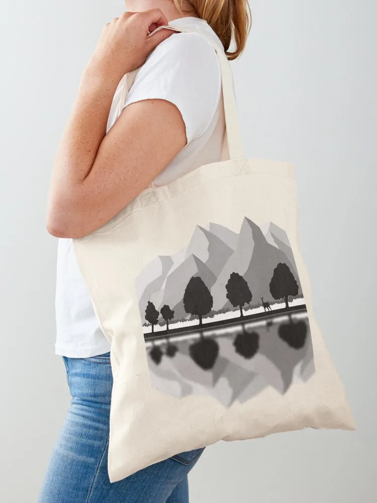 

A mountain lake with trees and a deer Tote Bag shopper bags Lady bag shopping cart bags bag luxury women