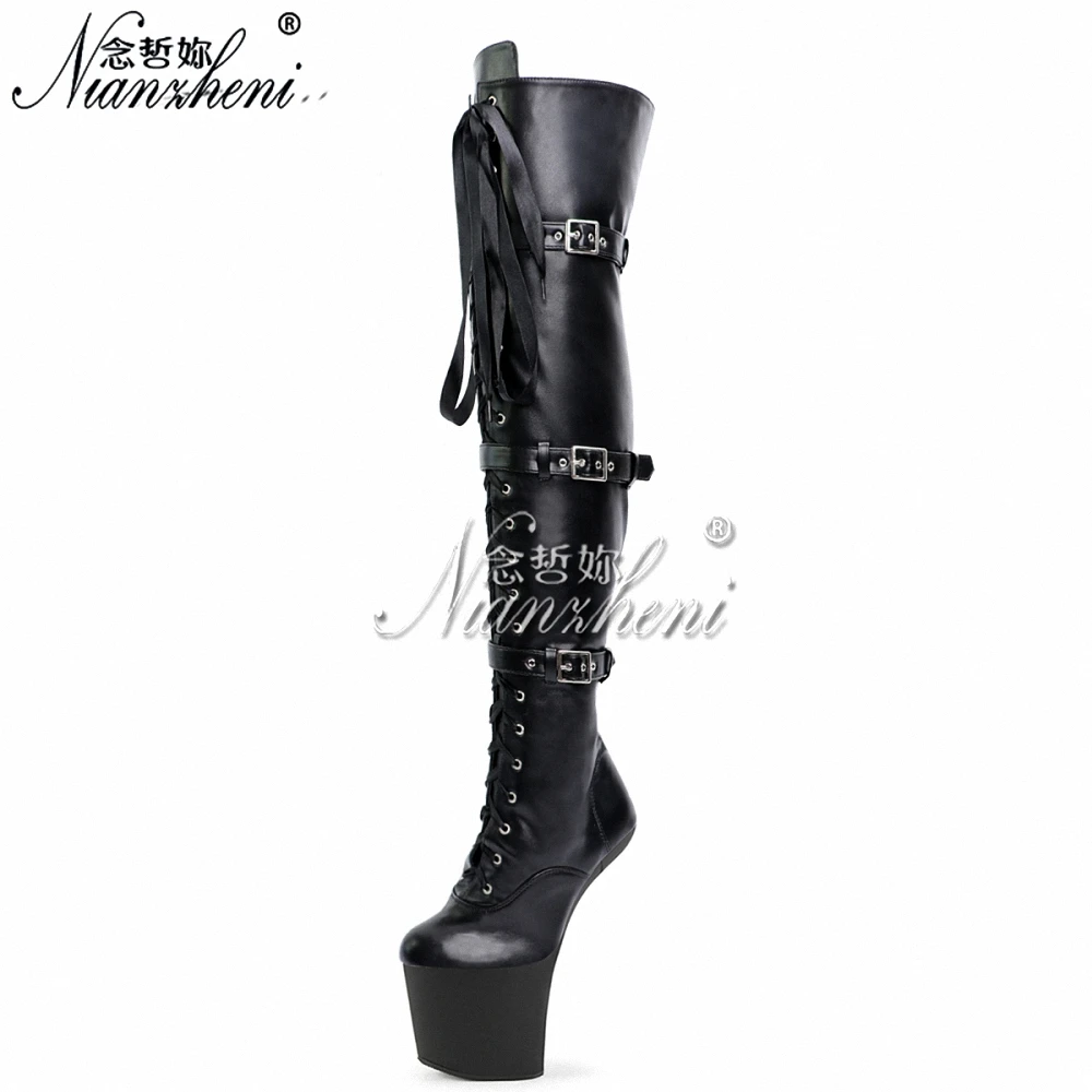 8inch Hoof Heels Pink 20cm over the Knee Bootsg buckle Punk gladiator Platform leather Shoes Exotic Stripper Lace Up Gothic Quee