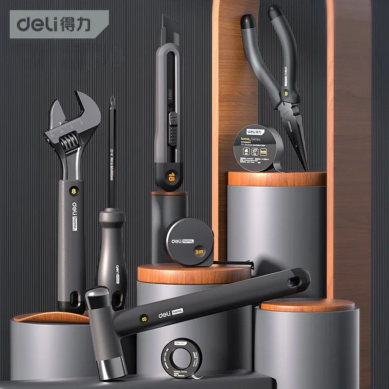 Deli Nuovo set di attrezzi Serie domestica per la casa Cacciavite per uso domestico Chiave a nastro Vice Tape Coltello artistico Prodotto originale grezzo