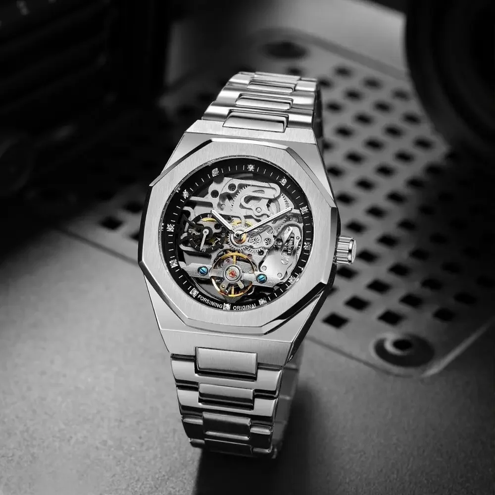 Business Watch Mens Mechanical Skeleton Crystal Black Dial Analog Self Winding Luxury Silver Stainless Steel Band Wristwatch