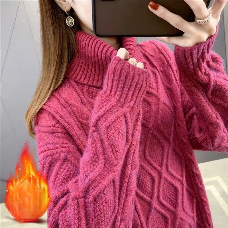 

2024 Women's Autumn Winter Fashion Twist Sweater Tops Female Loose Thick Warm Jumpers Ladies Turtleneck Knitted Tops B756