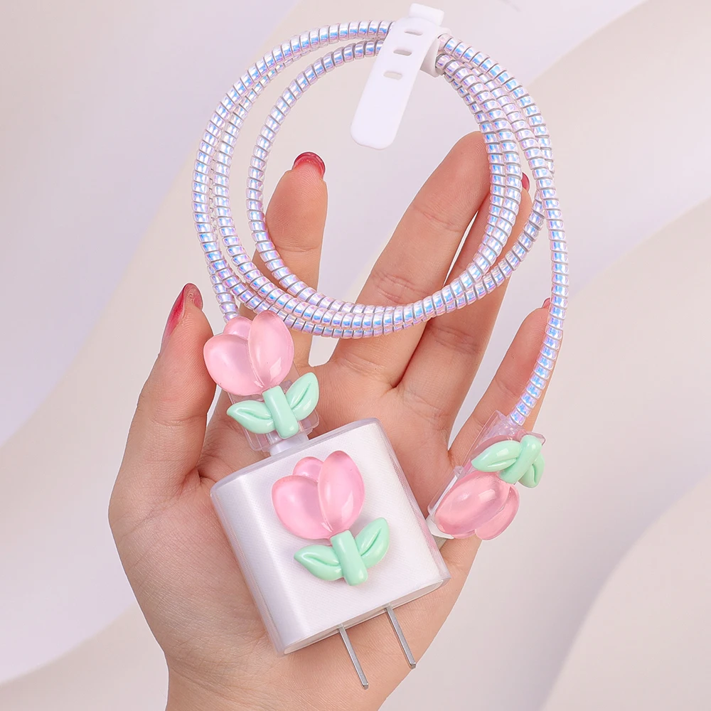 3D Flower Protective Case with Cable Sleeve for Apple 20W 18W Adapter Charger Full Protector Shell Portable Cute Charger Cover