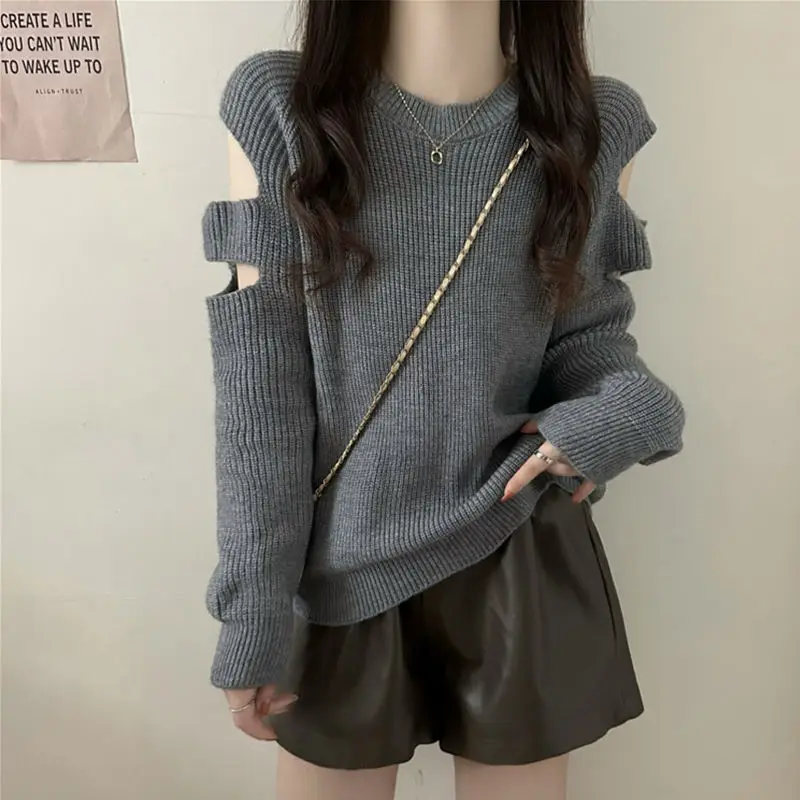 Off Shoulder High-end Sweater for Women Super Beautiful New Style with Hollowed Out Loose and Lazy Style Knit Sweater