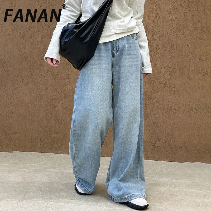 

FANAN Fashion Washed Jeans For Women High Waist Straight Wide Leg Denim Pants Office Lady Loose Clothing 2025 Spring New Female