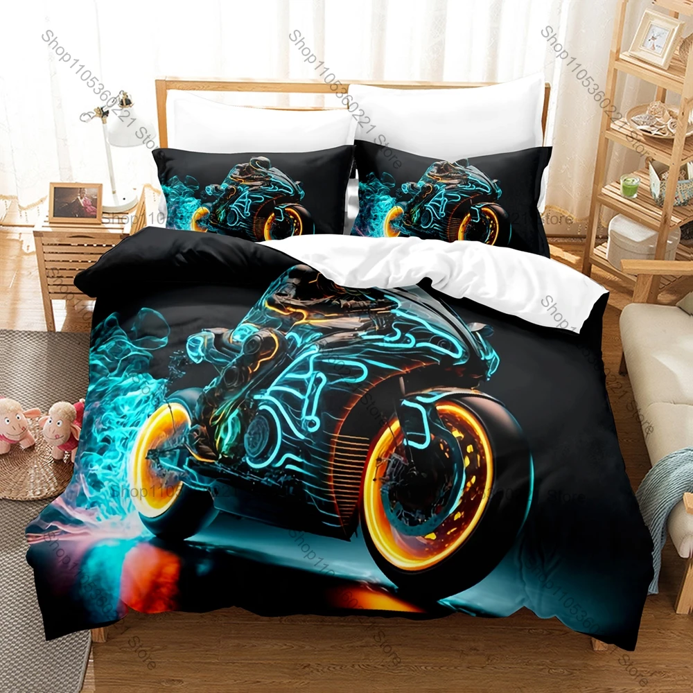 Cool Motorcycle Pattern Printed 3-Piece Bedding Set, Trendy Street Style Comforter Set for Teens & Adults Pillowcases Motorbike