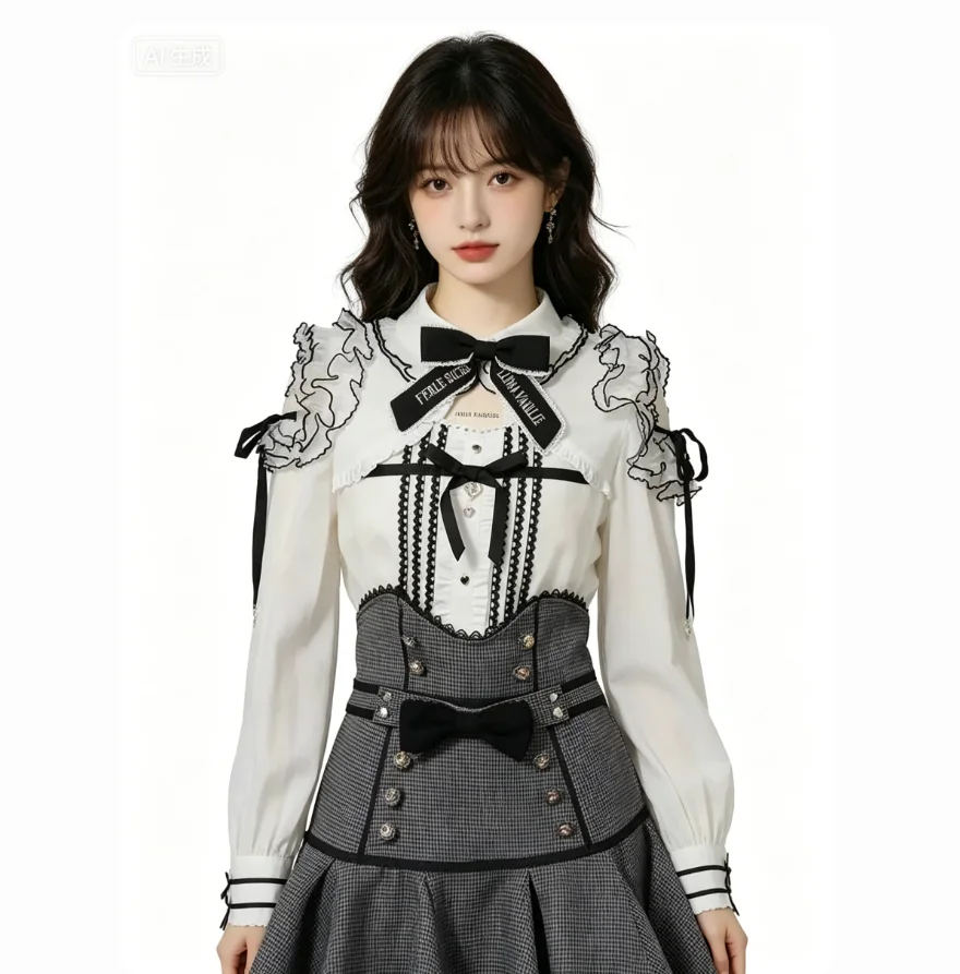 

Kawaii Gothic Lolita Blouse Off Shoulder Long Sleeve Shirt Ruffles Lace Bow Japanese Style Sweet Top for Women Spring Autumn