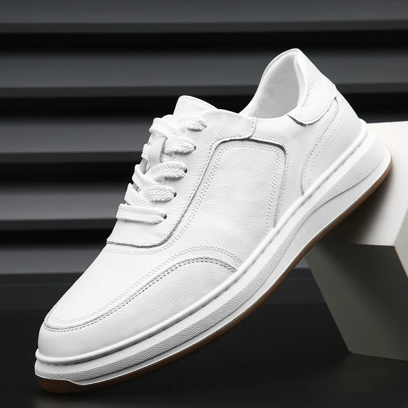 

New Men Genuine Leather Casual Shoes Cool White Flat Skate Shoes Young Man Lace-up Sneakers