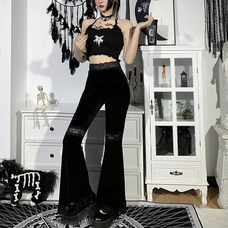 Women Gothic Punk Black Velvet Flare Pants Harajuku Sexy Hollow Out Lace Patchwork High Waist Skinny Vintage Gypsy Bell Bottom