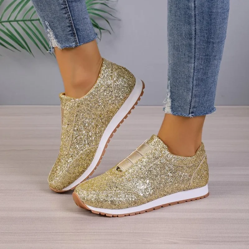 Luxury Women Loafers Causal Shoes Gold Silver Sequin Leather Shoes for Womens Four Season Slip-on Sneakers Women\'s Flat Shoes