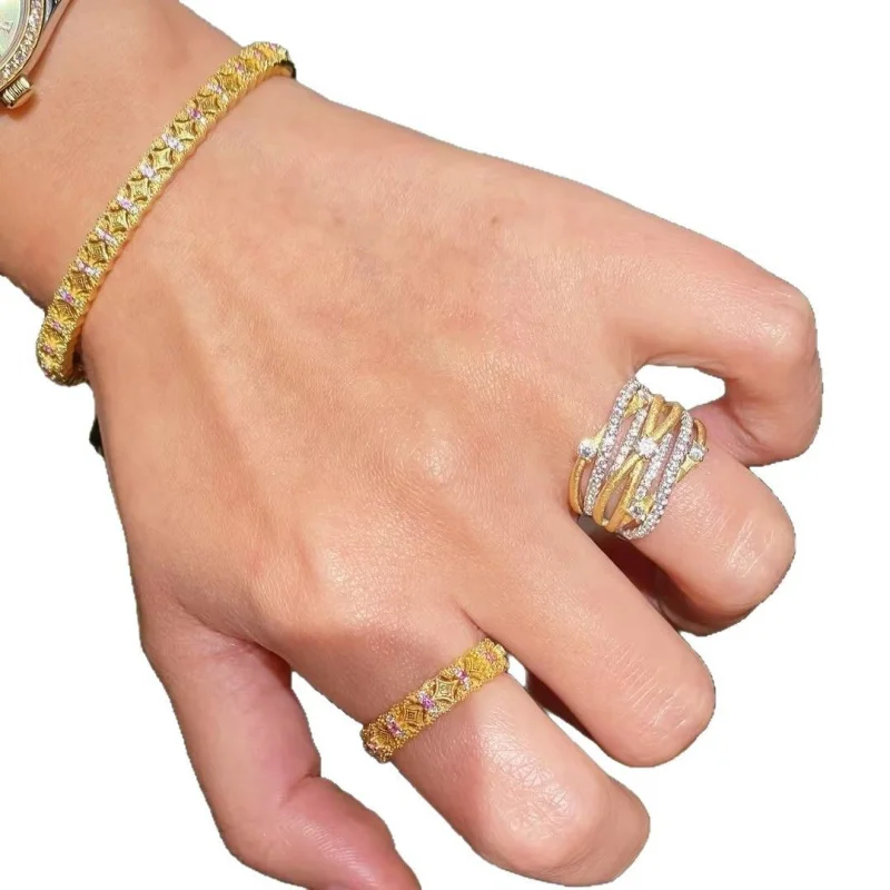 

925 Silver Gold Plated Wide Band Ring with Brushed Finish, Shimmering Diamonds, and Interlaced Lines - Exclusive and Fashionable