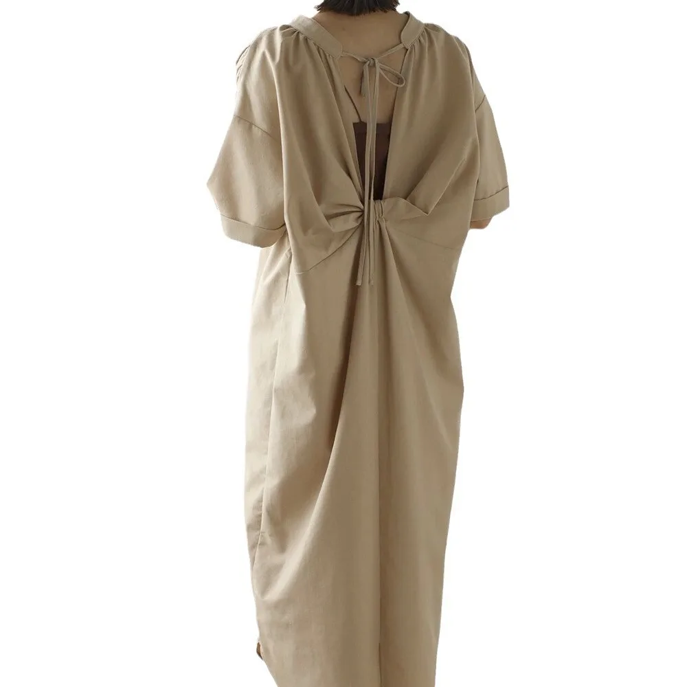 Rakuten japonés y coreano nuevo vestido de verano para mujer Casual cómodo Bowknot espalda descubierta manga corta vestido camisero largo fiesta