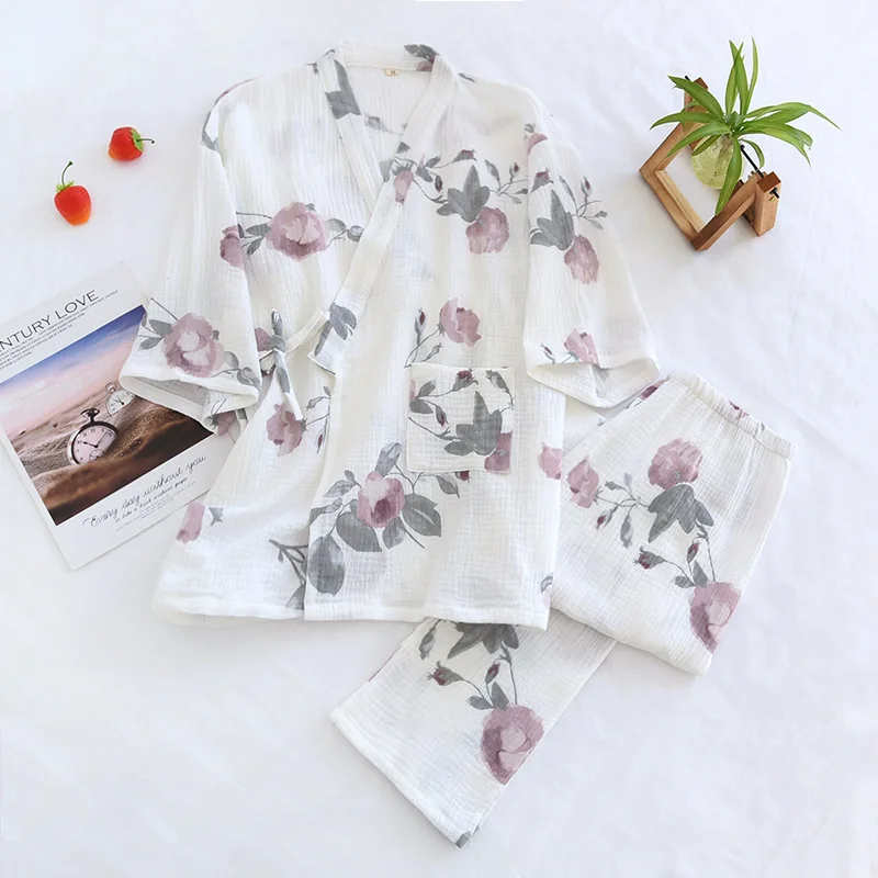 

New Spring Summer Japanese Kimono Suit Ladies Sweet Flowers 100% Cotton Crepe Pajamas Long Sleeve Pants Two Piece Homewear