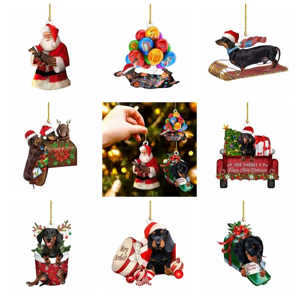 2D Dachshund Pendant Merry Christmas Double Sided Christmas Hanger Oranments Cute Dachshund Acrylic Christmas Dog Pendants