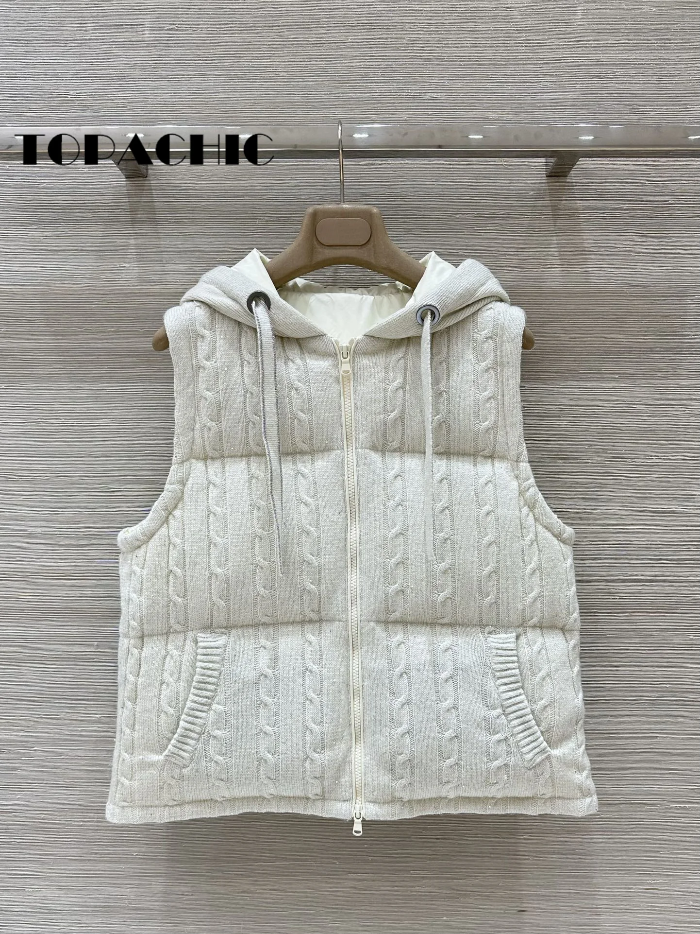 8.23 TOPACHIC-Women\'s 100% Cashmere Knit Twist Hooded Goose Down Keep-warm Vest Beading Chain Lace-up Bling Sequins Vest Coat