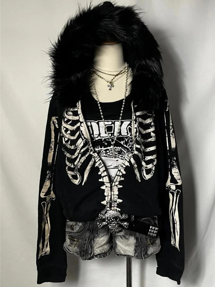 Women American Retro Subculture Skeleton Print Hooded Sweatshirt Winter Gothic Punk Fashion Faux Fur Loose Zipper Coat New