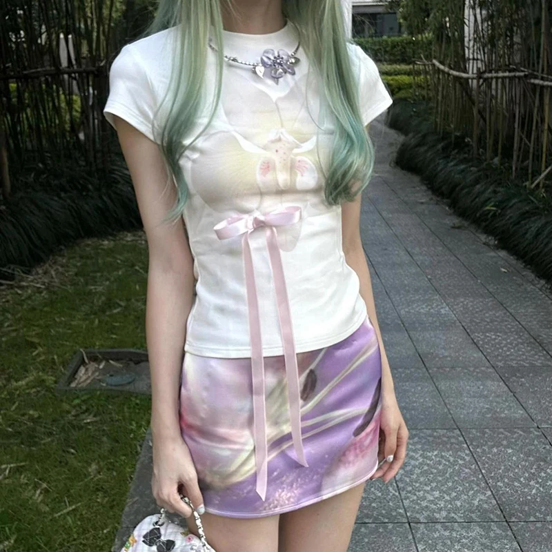 Ästhetische Blume sanfte Kunst Vintage Y2K 90er Jahre Schleife Süßes Mädchen T-Shirt Harajuku Schatz süße lustige Sommer schlanke Dame Tops T-Shirt
