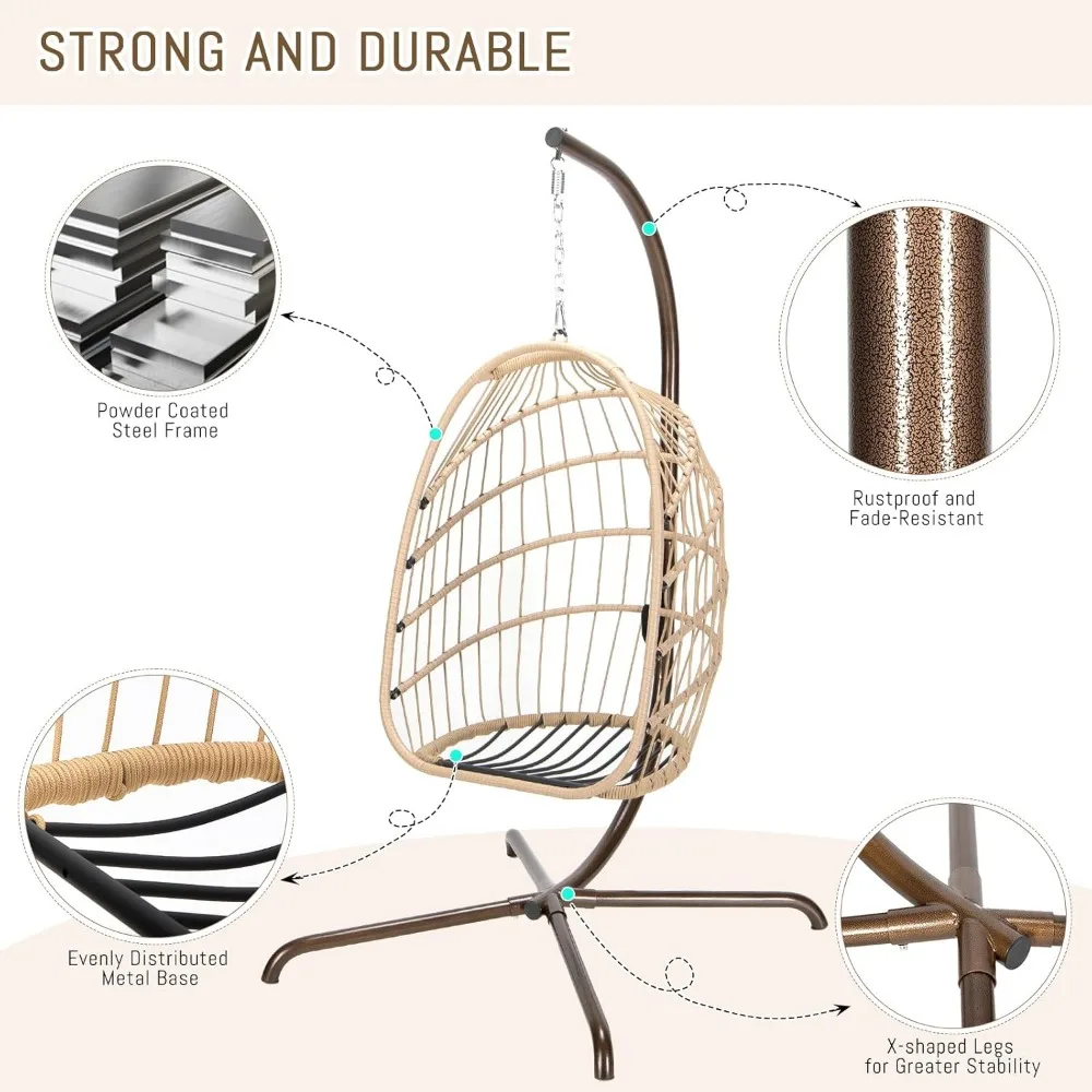 Klappbarer Eierstuhl aus Korbgeflecht und Rattan mit Ständer, Schaukelstuhl mit Kissen und Kissen, Liegestuhl für drinnen und draußen