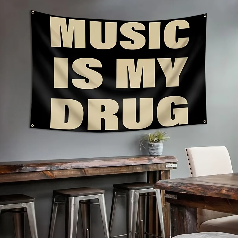 VIKAMA Wandteppich mit Zitat „Musik ist meine Droge“ für Musikliebhaber, Schlafzimmer, Musikstudio, Wandbehang, Heimdekoration
