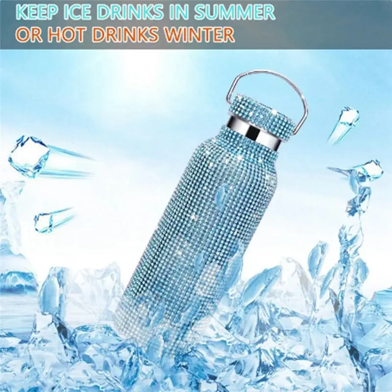 ABKL-Diamond Stainless Steel Water Bottle Portable Glitter Rhinestone Water Bottle Crossbody Bling Thermal Flask 600Ml