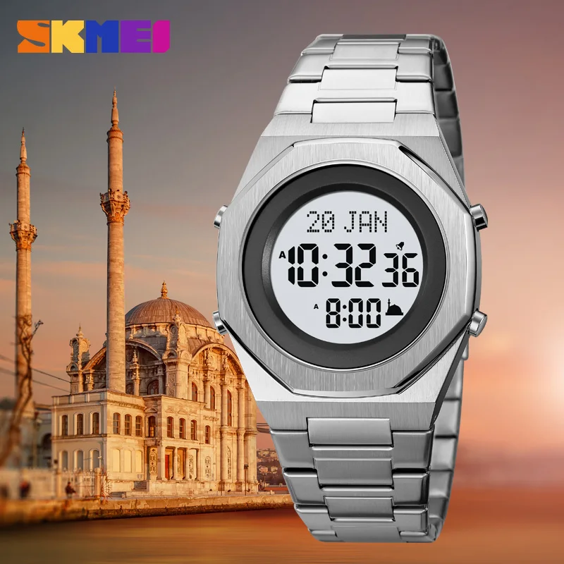 SKMEI Muslim Digital Watchfor Man Qibla Name Display Philgrimage Time Reminder Luxury Stainless Steel Fashion Men\'s Wristwatch