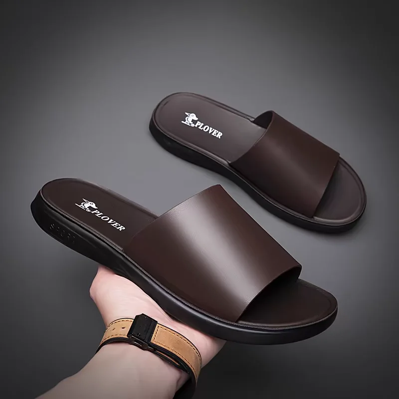 Slippers Men\'s beach shoes,Summer New Male slides,Peep Toe slippers Black/Brown calf leather shoes Adults Teenagers USA Fashion