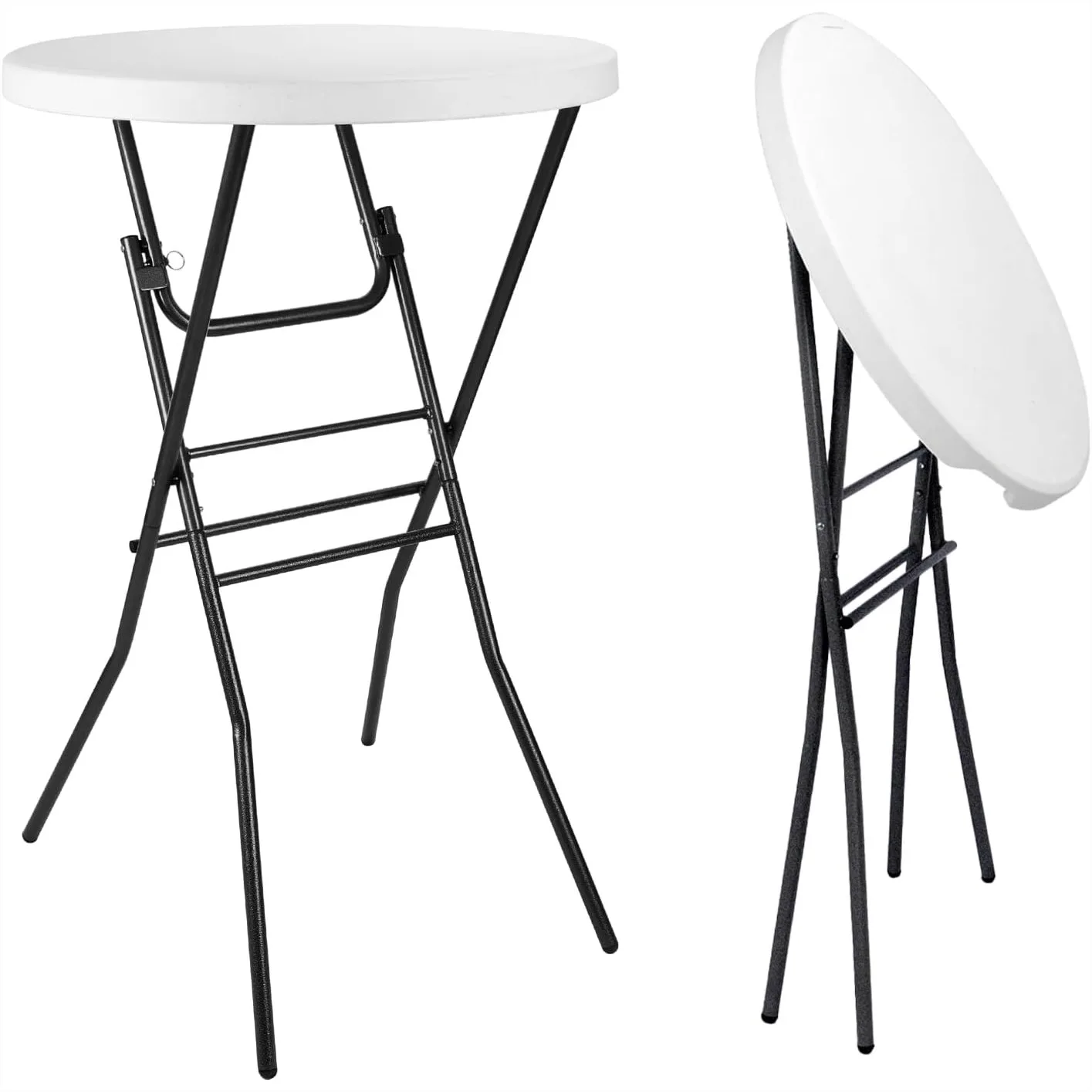 

Cocktail Table 28in Portable Folding Bar Height Table, Round High Top Plastic & Steel Bistro with Removable Legs for Indoor