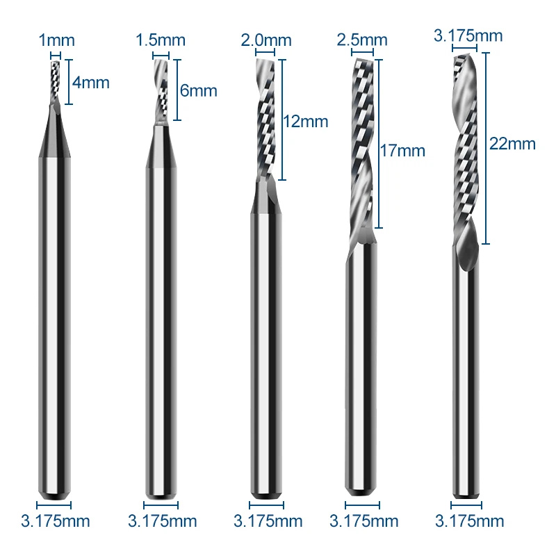 목공 엔드밀용 단일 플루트 스프릴라 라우터 비트, CNC 밀링 커터, 목재 공구, 3.175mm 생크, 1 플루트