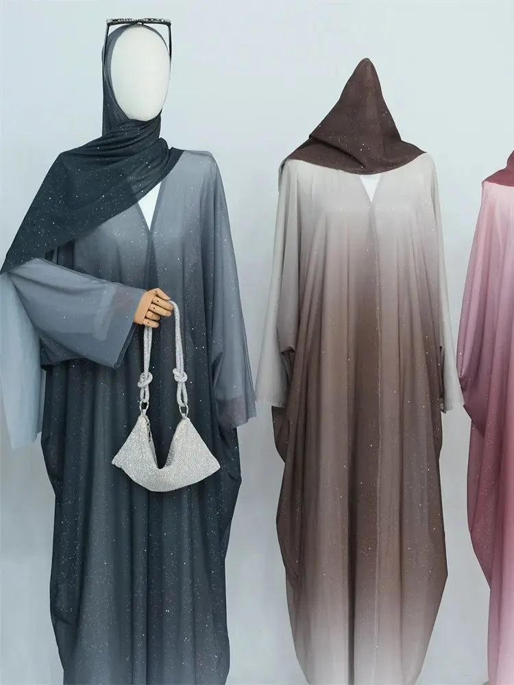 Ramadan Eid Shiny Gradient Open Kimono Abaya Dubai Muslim With Hijab Abayas For Women Kaftan Dress Islamic Clothing Robe Femme