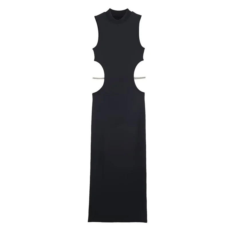 2025 New Women's Fashion Versatile Slim Fit Black Dress with Cut-Out Design and Jewelry Accents, Long Style