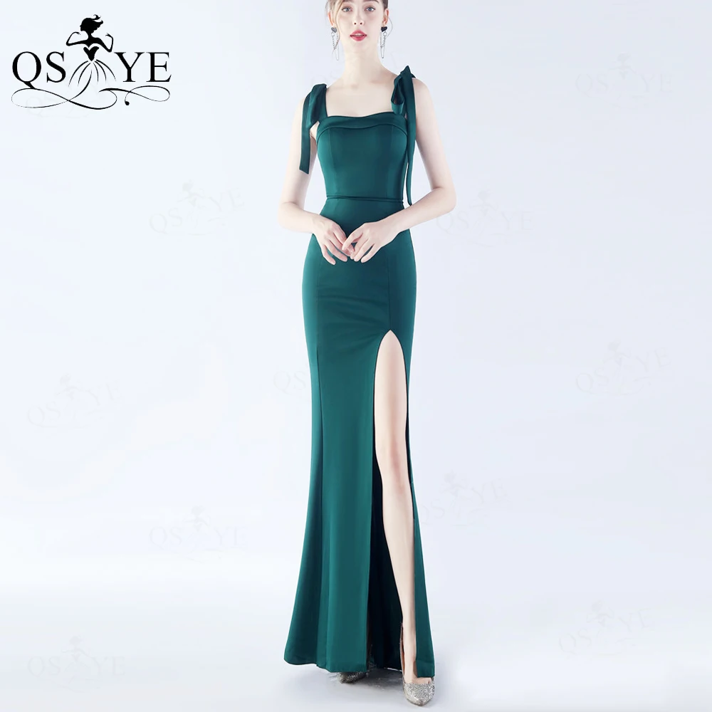 

Emerald Evening Dresses Shoulder Straps Long Mermaid Prom Gown Bow Knot Open Split Laple Neck Green Satin Grils Party Dress Chic