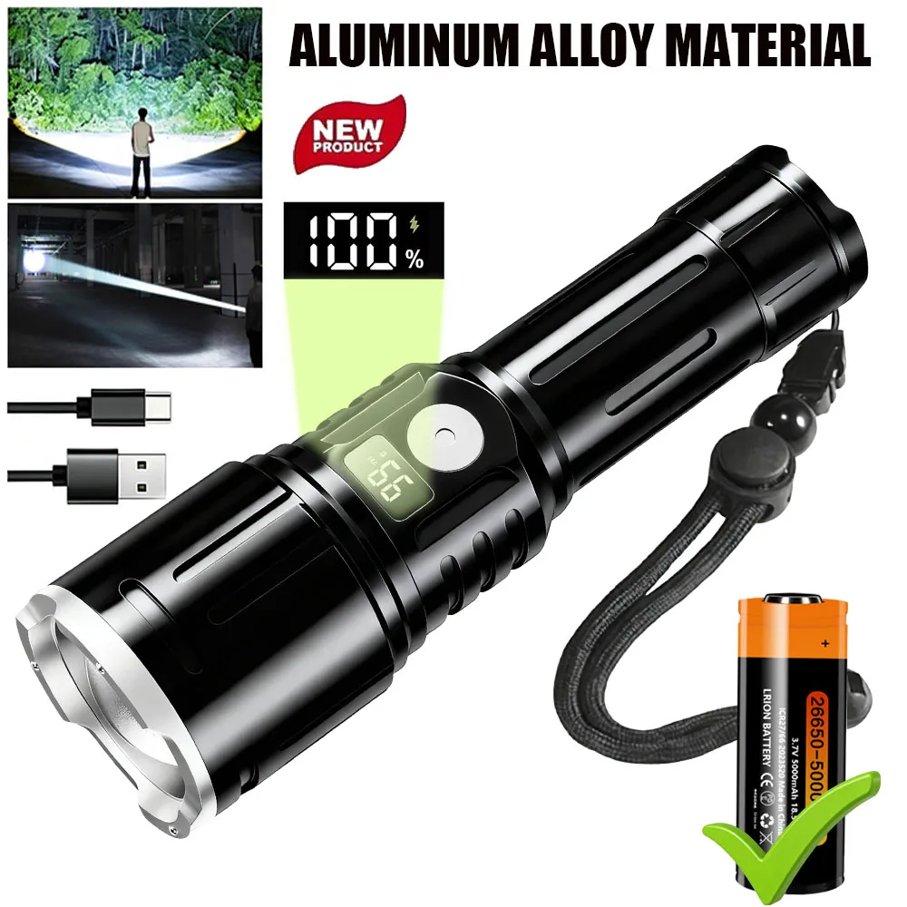 1000000LM Powerful LED Flashlight High Lumen USB Rechargeable Tactical Torch Safety Lock Hand Lantern For Camping Hiking Fishing