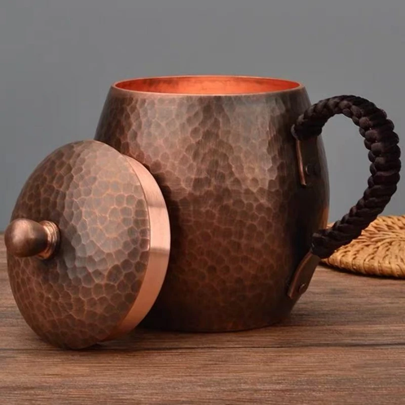 Vintage Handcrafted Copper Coffee Mug,Camping Beer Mug With lid Hammer Texture Handle Beverage Juice Cups Drinking 400ml Tea Cup