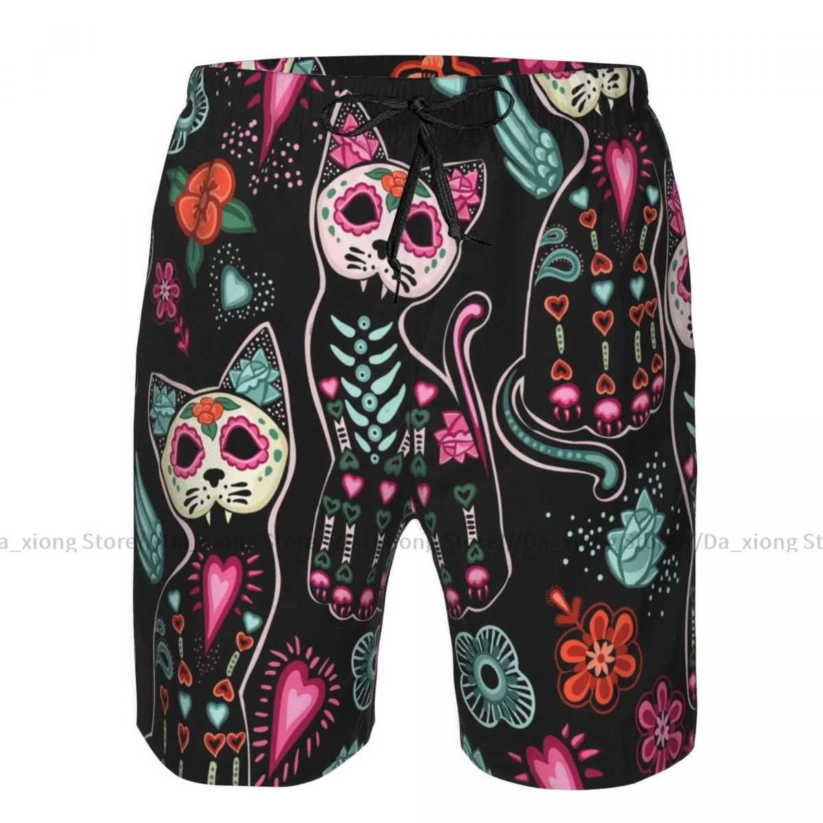 Shorts de natação curtos de praia dos homens, Dia Dos Mortos, Halloween Cats Surfando, Tabuleiro Esportivo, Roupa de Banho