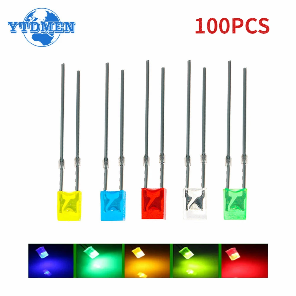 Kit de combinación de diodos LED cuadrados de 2x3x4mm, 100 piezas, blanco, verde, rojo, azul, amarillo, 5 colores