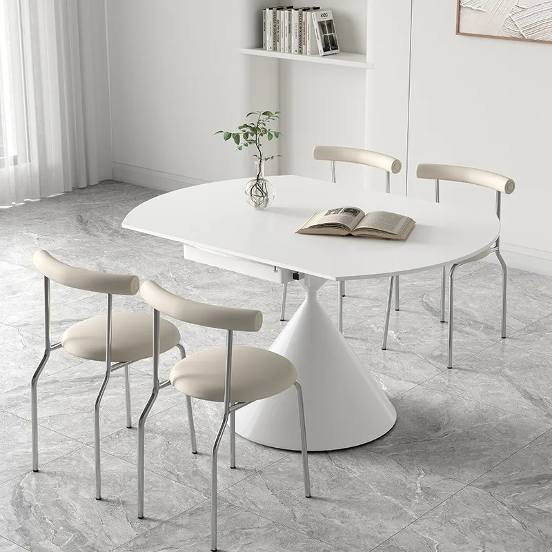 Cream wind pure white matte rock slab dining table rotating telescopic folding dining table square becomes round dual-purpose