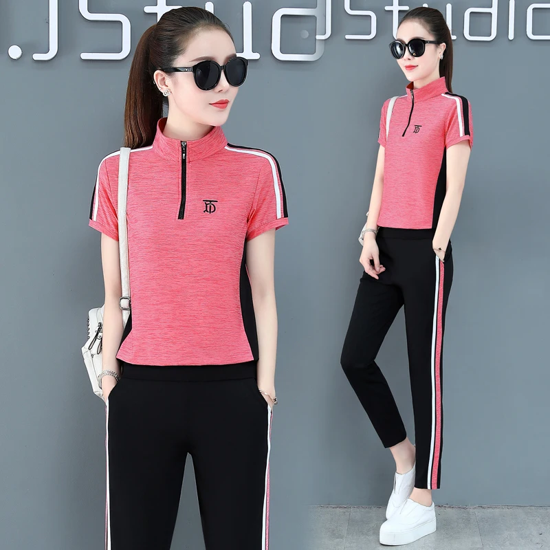 캐주얼 아이스 실크 퀵 드라이 여름 얇은 패션 엄마 의상 여성용 투피스 세트 스포츠 루즈핏 긴 바지