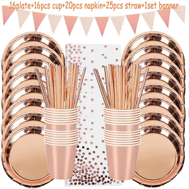 78pcs Rose Gold Party Tableware Set for Adult Birthday/ Bridal Shower - Cups, Plates, Straws - Disposable Decor Supplies