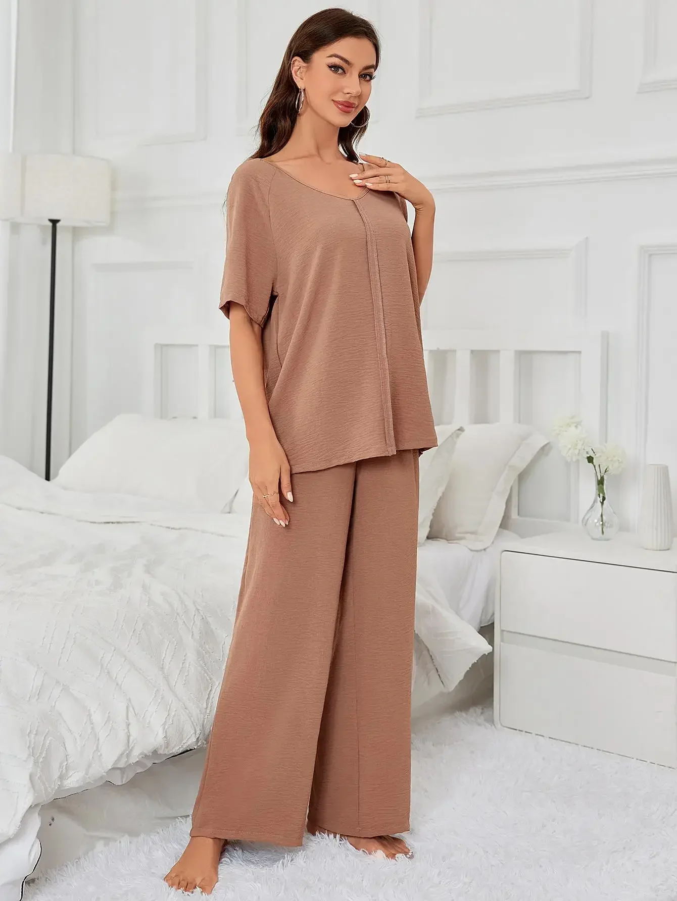 Solid V Neck Women Pajama Sets Short Sleeves Top & Full-Length Pants Female 2 Pieces Sleepwear Nightwear Homwear Clothing