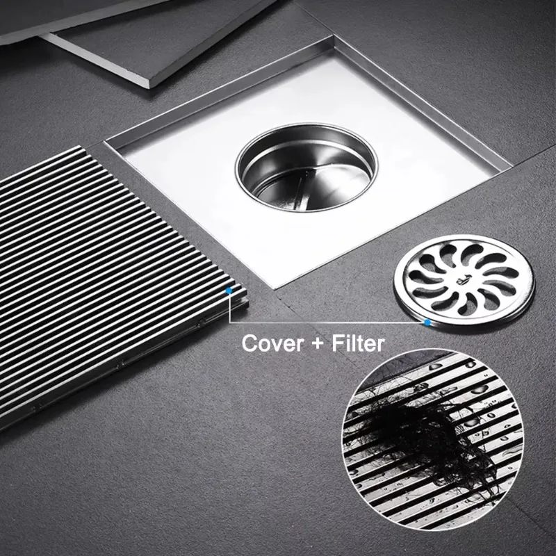 Square Linear Stainless Steel Bathroom Floor Drain, Anti-Odor Shower Drainage, 12/15/20/30cm Optional Sizes