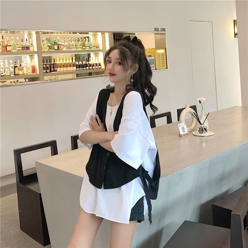 Women Vests V-neck Single Breasted Design Lace-up All-match Harajuku Streetwear Loose Black Waistcoats Ulzzang Students BF Retro