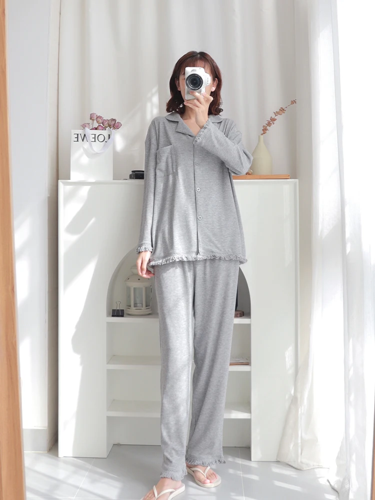 Pyjama en pur coton pour femme, pantalon à manches longues, pompons monochromes, sens haut de gamme, nouveau style, printemps et automne 2023