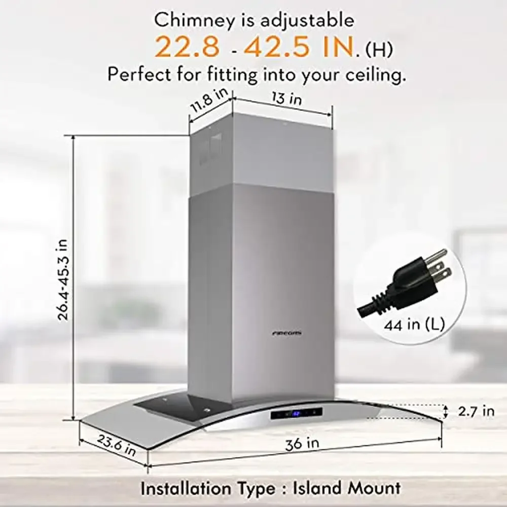 Островная вытяжка 36 дюймов с закаленным стеклом 450 куб. футов в минуту и светодиодной подсветкой. Кабриолет. Безводная кухонная вытяжка. Современный дизайн. Нержавеющая сталь.