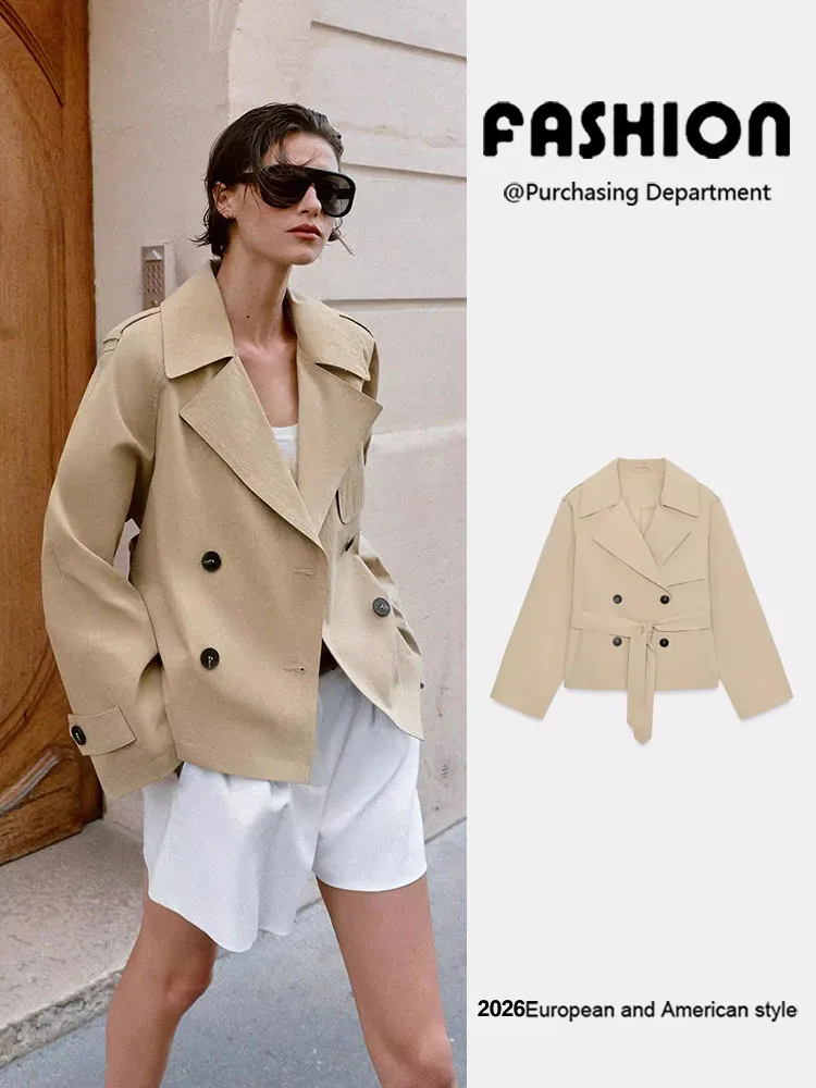 Spring New Arrival Women's Casual Long Sleeve Notch Collar Short Coat with Belt Versatile Stylish European Style Ladies Jacket