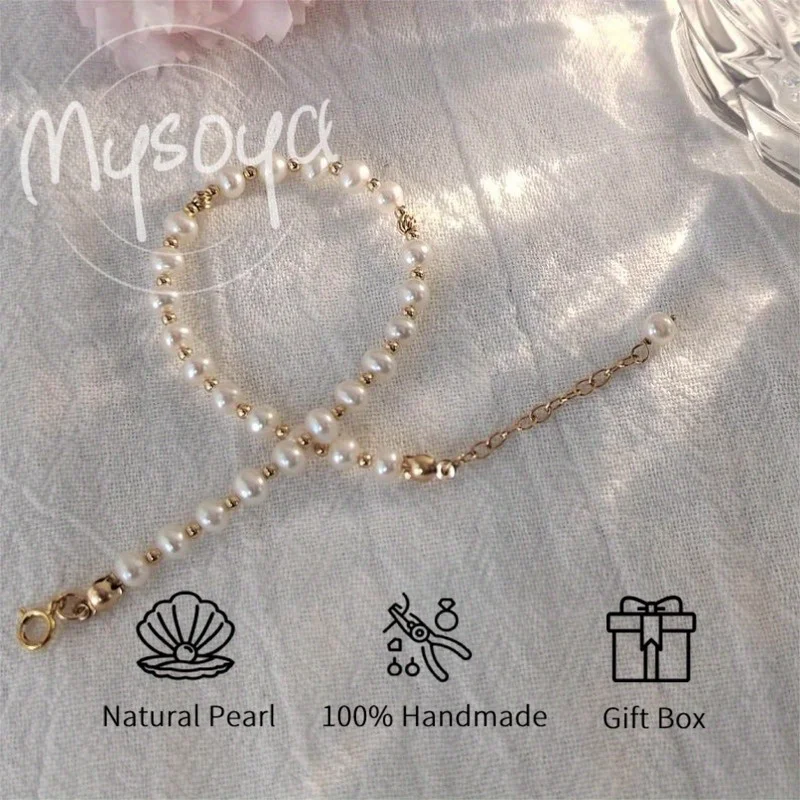 

MYSOYA 5-6mm Natural White Freshwater Pearl Bracelet For Women And Men With Gift Box Perfect Wedding Birthday Jewelry Gift